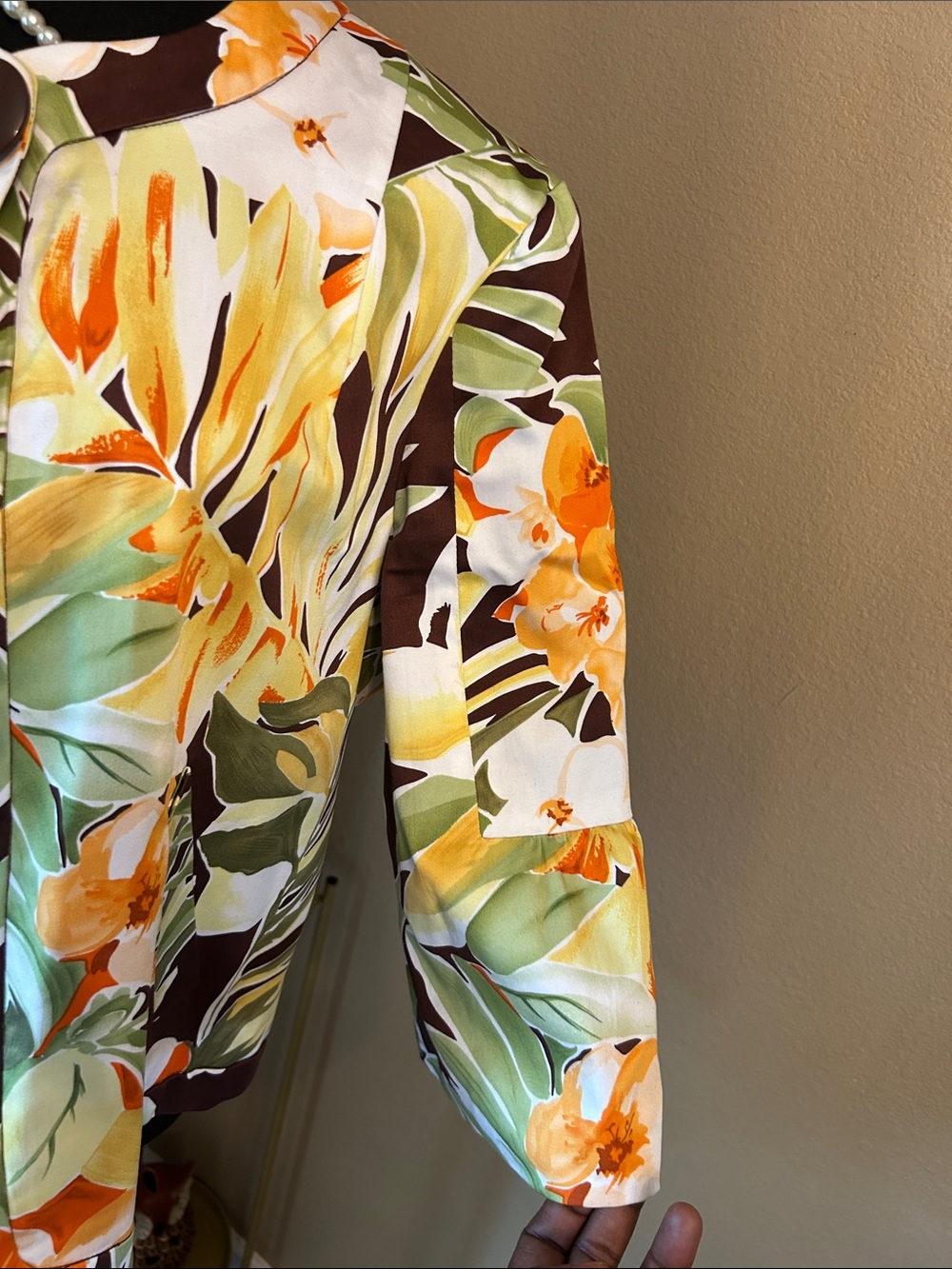 Floral Print Open Front Blazer Jacket - Yellow Green Brown - Picture 9 of 13